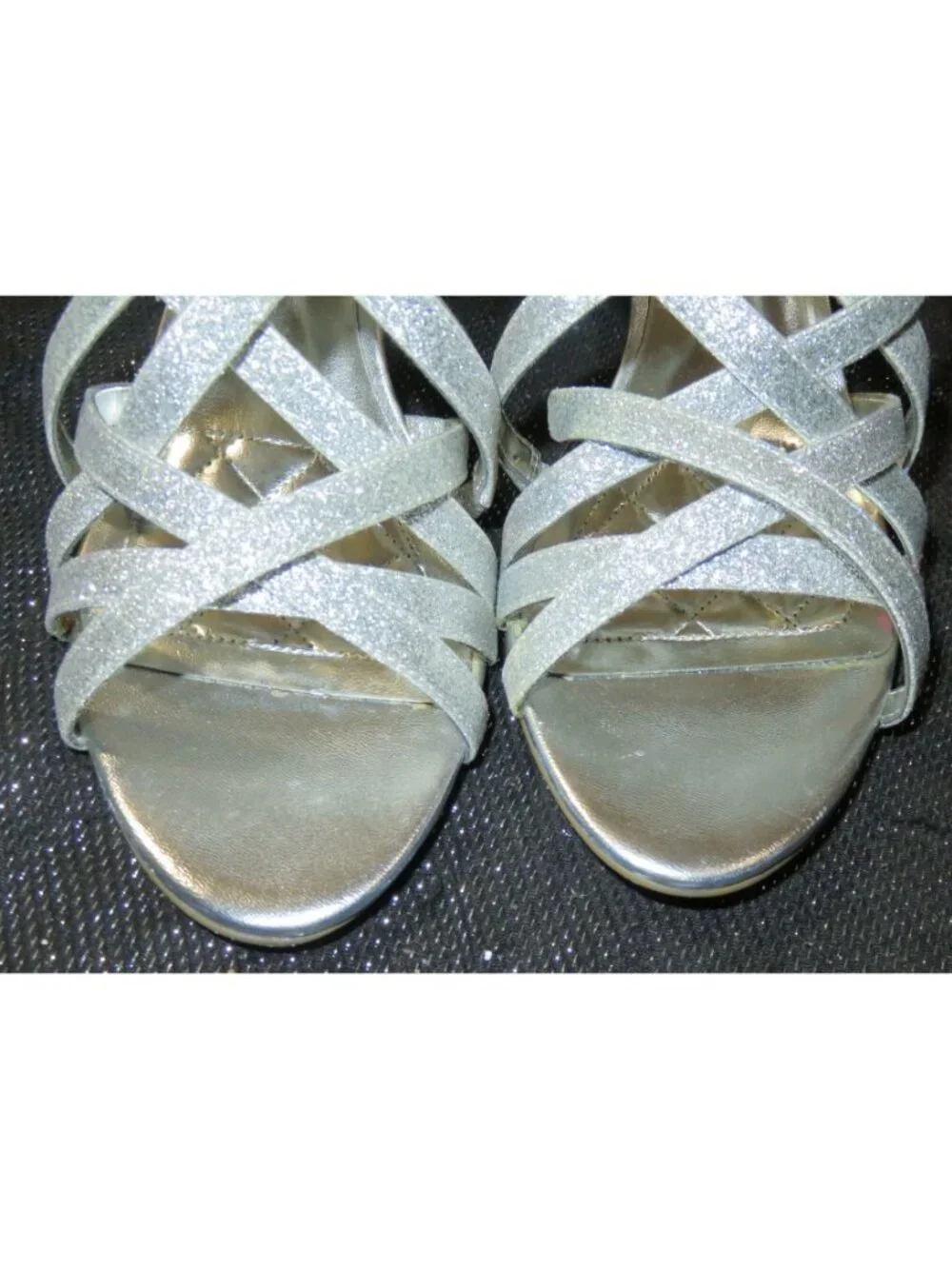 Alfani Alisa Metallic Silver Italian Leather Open Toe Glitter Slingback Heel 8.5